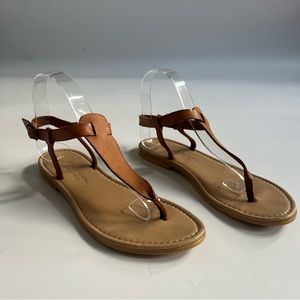 Women's Tan Leather T-Strap Sandals